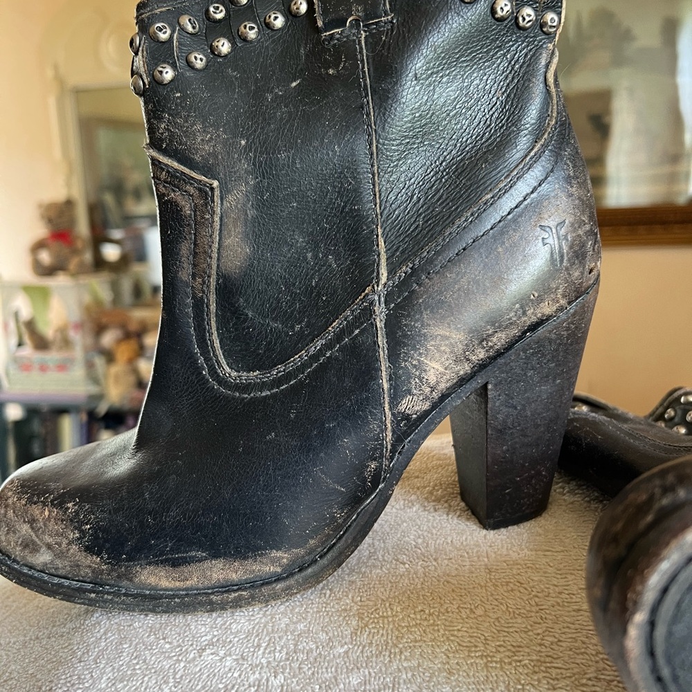Frye Jenny Distressed Black Heeled Boots with Studded Detail